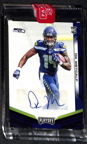 Lot of (4) 2019 Football Rookie Autographs- Playoff Kyler Murray, Phoenix Josh Jacobs Patch (#/49), Illusions Nick Bosa (#/99), Playoff DK Metcalf